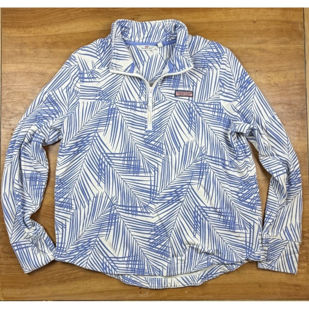 Vineyard Vines Dreamcloth Shep 1/4 Zip Pullover Palm Leaf Print Blue White XL